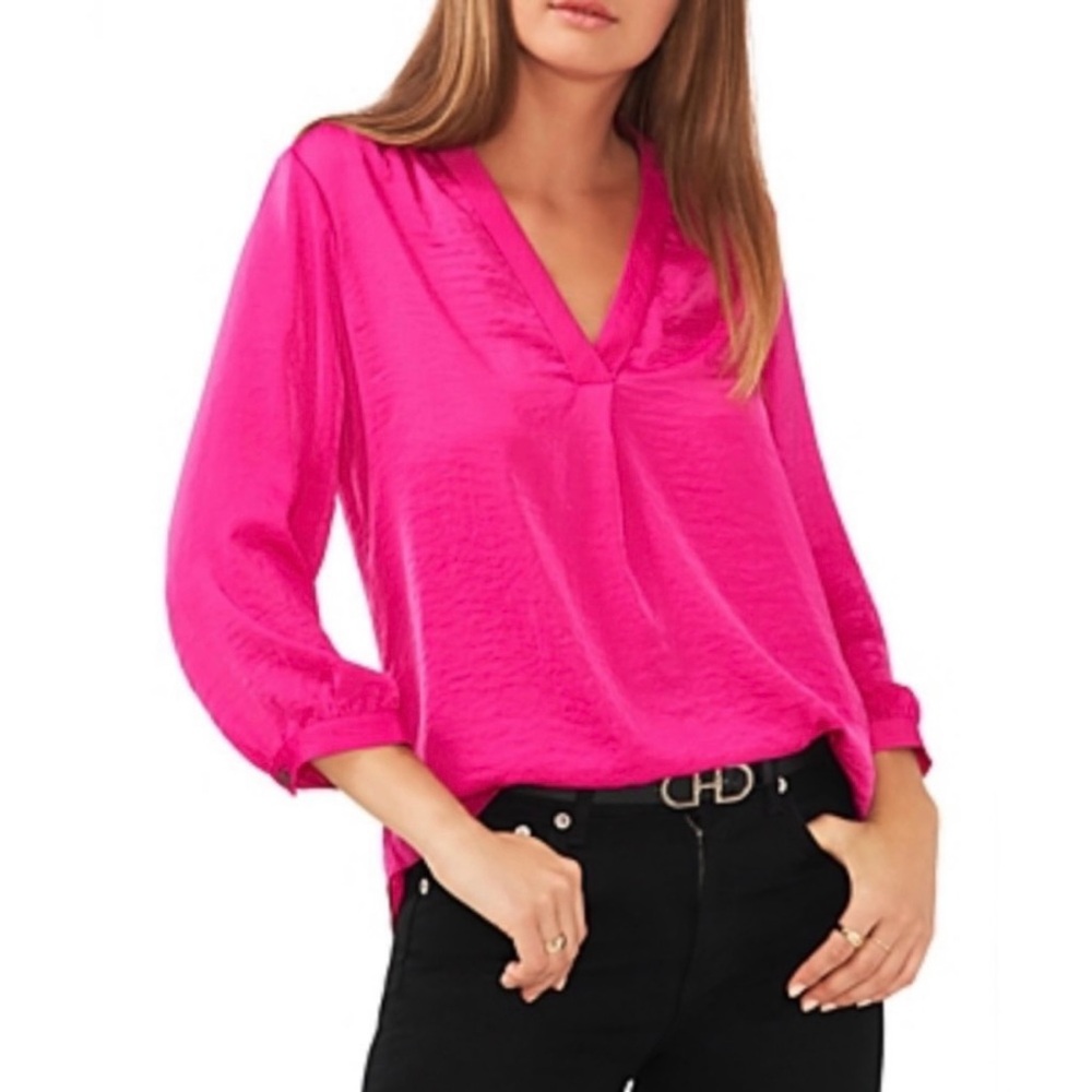 NWT Vince Camuto Hot Pink Fuchsia Rumpled Satin Blouse Womens Size Large